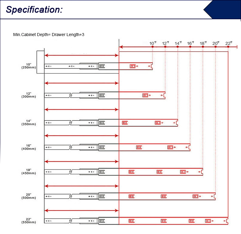 Push Open High Quality 3 Fold Full Extention Furniture Hardware 35/42/45mm Ball Bearing Drawer Slide Telescopic Runner